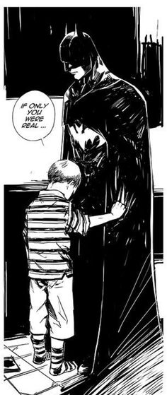 a black and white drawing of a man in a batman costume standing next to a child