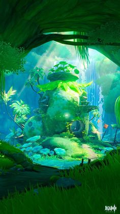 an image of a green forest with lots of plants and animals in the water,