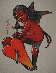 Traditional Devil Tattoo, Traditional Demon Head Tattoo, Demon American Traditional Tattoo, Neo Traditional Demon Tattoo, Devil Traditional Tattoo, Traditional Baphomet Tattoo, Cupid Tattoo, Vintage Tattoo Art, Devil Tattoo