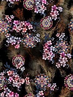 an abstract floral pattern with pink and blue flowers on a black, brown, and tan background