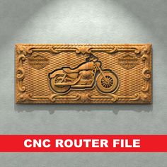 a wooden plaque with a motorcycle on it and the words cnc router file