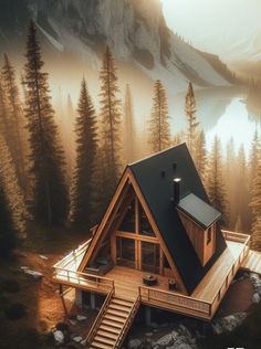 an aerial view of a cabin in the woods with stairs leading up to it's roof