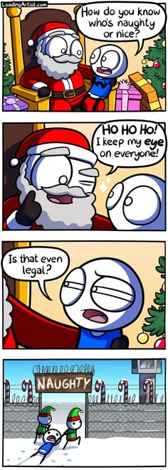 a comic strip with santa claus in the background