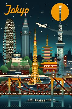 the tokyo skyline is shown in this retro style poster