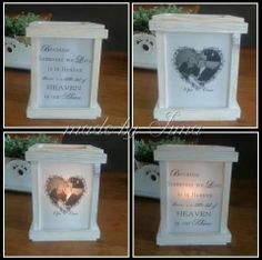 four different pictures of a memorial urn with the names of two people in it