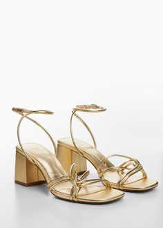 Strappy heeled sandals - Women | Mango USA Gold Block Heels, Mango Outlet, Buckled Heels, Strappy Sandals Heels, Swag Shoes, Ankle Bracelet, Gold Heels, Ankle Bracelets, Heeled Sandals