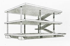 a drawing of a building with stairs going up it's sides and down the side