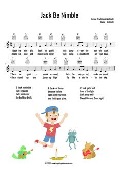 Sheet Music Jack Be Nimble Nursery Rhyme, 3 Months Baby Activities, Fairy Tales Preschool Activities, Chords For Guitar, Jack Be Nimble, Fairy Tales Preschool, Lovely Video