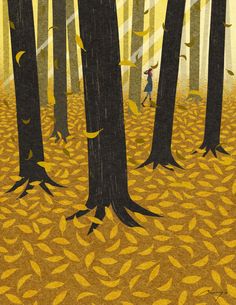 an illustration of a person walking through the woods with leaves on the ground in front of them