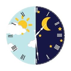 a clock with the moon and stars on it's sides in blue, yellow and white