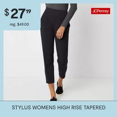 Cut for a high-rise, this pair of women's pants from Stylus is the perfect wardrobe addition for a casual or tailored look. They are made from a woven stretch fabric with a smooth elastic waistband, side and back pockets, and tapered legs that hit right at the ankle. Wear yours with a t-shirt and sneakers for an off-duty look.Front Style: Flat FrontFeatures: Stretch FabricClosure Type: Pull OnFit: Regular FitPockets: 2 Front Slip Pockets, 2 Back Faux PocketsRise: High RiseFiber Content: 83% Pol… Relaxed Fit Pull-on Capris For Work, Workwear Capris With Elastic Waistband And Tapered Leg, Tapered Leg Capris With Elastic Waistband For Work, Workwear Capris With Pull-on Style, Straight Leg Capris With Elastic Waistband For Work, Mid-rise Capris For Business Casual, High Waist Capris With Elastic Waistband, Mid-rise Black Capris, Pull-on Style Straight Leg Capris