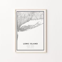 a black and white photo with the words long island on it in front of a white wall