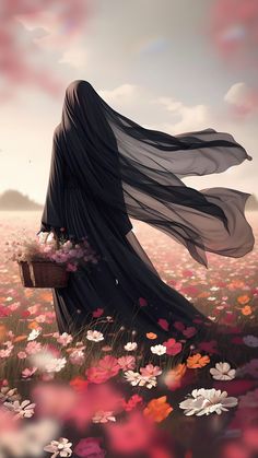 a woman walking through a field full of flowers