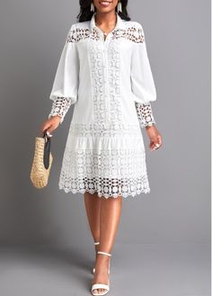 Lace White Shirt Collar Patchwork Dress Lace White Shirt, White Shirt Collar, Long Sleeve White Dress, White Lace Shirt, White Lace Shorts, White Long Sleeve Dress