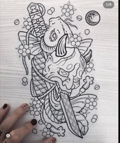 a drawing of a fish with a knife in it's mouth and some flowers around it