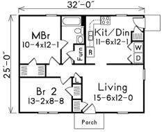 the floor plan for a two bedroom, one bath house with an attached living area