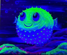 a painting of a puffer fish with blue and green colors