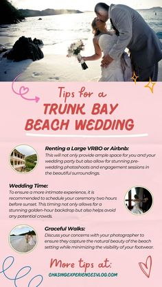 an advertisement for a beach wedding in pink and white with the words tips for a trunk bay