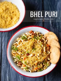 two bowls filled with food next to each other on top of a wooden table and the words bhel puri written above it