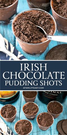 irish chocolate pudding shots in cups with spoons on the side and text overlay that reads, irish chocolate pudding shots