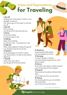 an english poster with the words lines and expressions for traveling