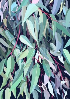 an abstract painting of green leaves on a dark blue background with red stems in the foreground