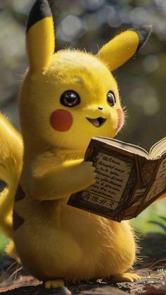 a pikachu is reading a book while sitting on the ground