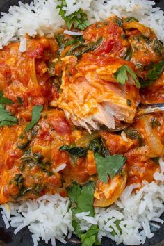 a bowl filled with rice and meat covered in sauce, garnished with cilantro