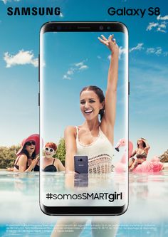 an advertisement for the samsung galaxy s8 phone, featuring a woman in a bathing suit