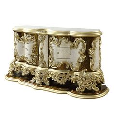 Introduce ornate character and elegance with the extraordinary decorative touches on a traditional six-drawer dresser. It includes two doors, offering abundant storage for clothing, linens, and accessories in an elegant bedroom. The dresser features scrolled florals in an antique gold that matches the tabletop and base trim, creating warmth against a hand-painted brown finish. Crackled white embellishments decorate each door and drawer front, adding richness and authenticity to the refined look. Storage For Clothing, Gold Dresser, Regency Furniture, Bedroom Makeup Vanity, Wide Dresser, Six Drawer Dresser, Small Space Bedroom, Base Trim, Dresser Chest