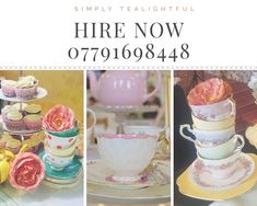 there are pictures of teacups and cupcakes on the table with words hire now