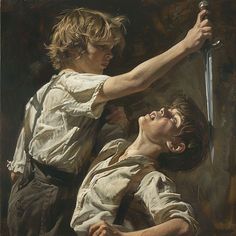 a painting of two people with swords in their hands, one holding the other's head