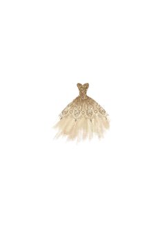 a white and gold dress with feathers on the bottom, in front of a white background