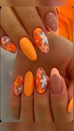 Orange Nail, Chrome Nail, Flower Nail Designs