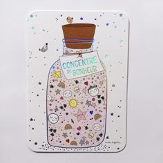 a card with an image of a bottle filled with confetti