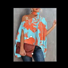 Brand New Turquoise And Orange Casual Orange Printed Blouse, Chic Orange Printed Top, Orange Printed Tops For Vacation, Summer Orange Printed Blouse, Printed Orange Blouse For Vacation, Orange Printed Blouse For Day Out, Trendy Blue Blouse For Beach, Trendy Light Blue Blouse For Vacation, Blue Fall Vacation Top