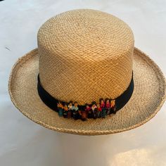 Nwot Adorable Straw Bolero Hat With Black Ribbon Trim And Adorable Figurine Trim Vacation Ready Multicolor Fedora Panama Hat, Casual Toquilla Straw Hat Bands, Multicolor Casual Hat Bands For Vacation, Casual Multicolor Hat Bands For Vacation, Bolero Hat, Classy Hats, Ribbon Trim, Black Ribbon, Black Tan