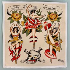 an old school tattoo flash sheet with girls and skulls on it's back side