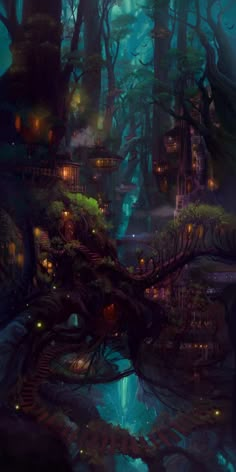 a fantasy forest with lots of trees and houses in the woods at night, surrounded by lights