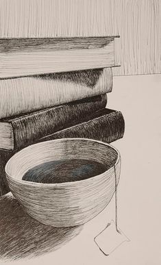 a pencil drawing of a bowl and books