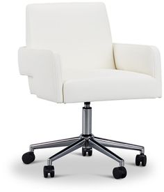 a white office chair with wheels and casteors on an isolated white background, viewed from the front