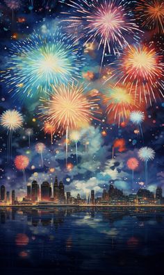 fireworks are lit up in the night sky over water and cityscape with buildings