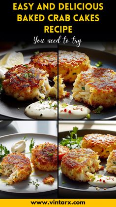 two pictures of crab cakes on a plate with the words easy and delicious baked crab cakes