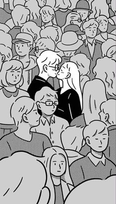 a black and white drawing of a crowd of people with one person kissing the other