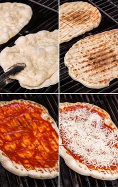 four different views of pizzas cooking on an outdoor grill with cheese and tomato sauce