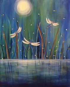 a painting of dragonflies flying in the night sky over water with grass and flowers