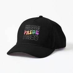 a black baseball cap with the words pride printed on it's front and back