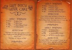 two menus with different types of food on them, one for layer cake and the other for layer cakes