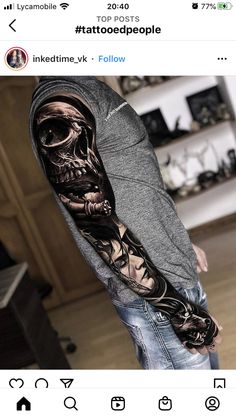 a man with a skull tattoo on his arm