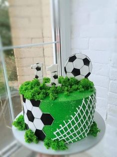 a cake decorated with soccer balls and grass